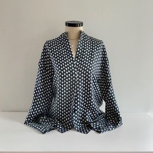 Creatures of Comfort Geometric Silk Button-Down Blouse art deco pattern navy